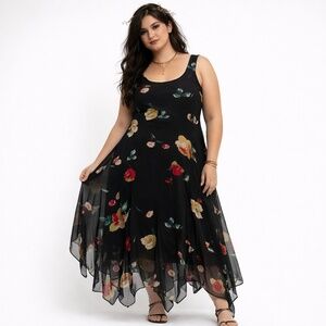 Vintage Y2K 90s Maxi Dress Chiffon Hankerchief hem Dark Floral Fairy Romantic 2X